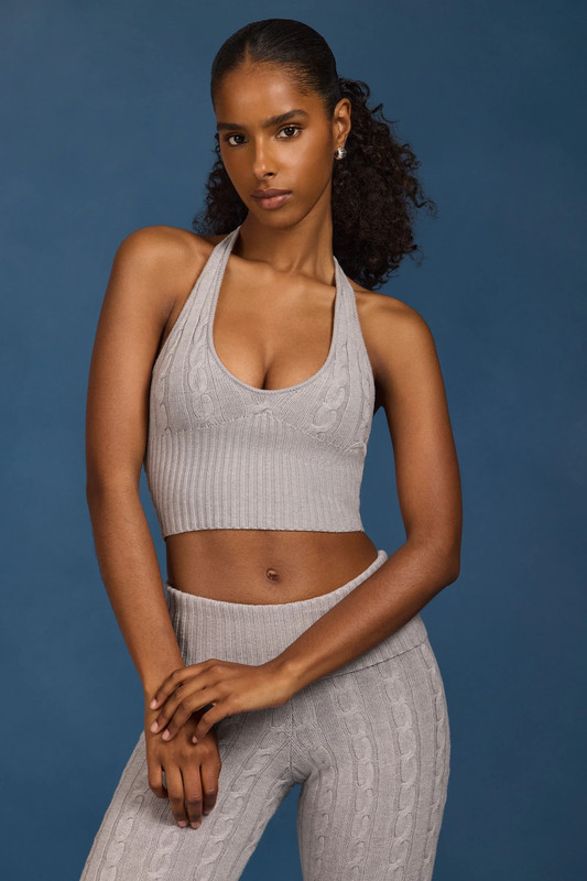 Cable-Knit Halterneck Crop Top in Grey Marl - UK Size:L